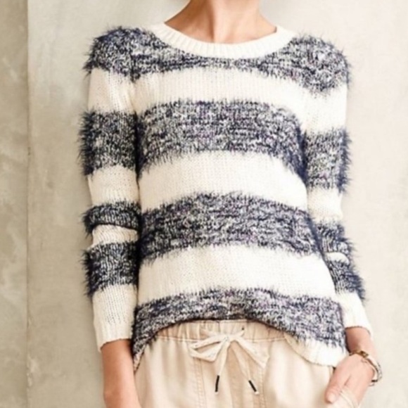 Anthropologie Tabitha cream and navy, striped knit, eyelash sweater - Picture 1 of 12